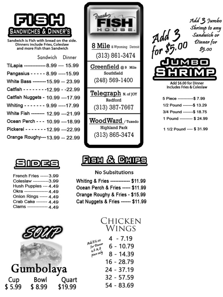 Print Friendly Menu Fresh Fish House Michigan